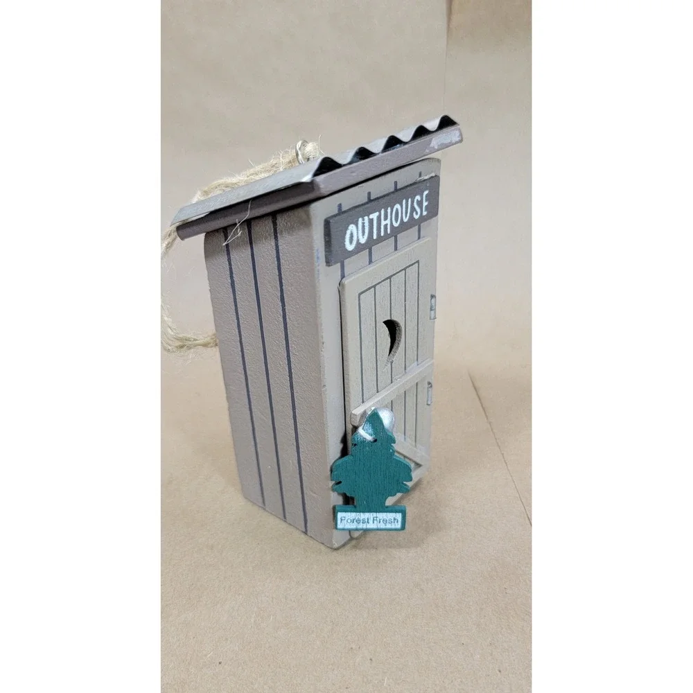 Rustic Wooden Outhouse Ornament Corrugated Metal Roof Forest Fresh Tree Decor